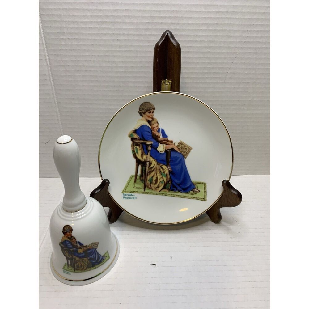 Vintage Norman Rockwell Plate & Bell Bundle "Bedtime" Museum Collections 1984